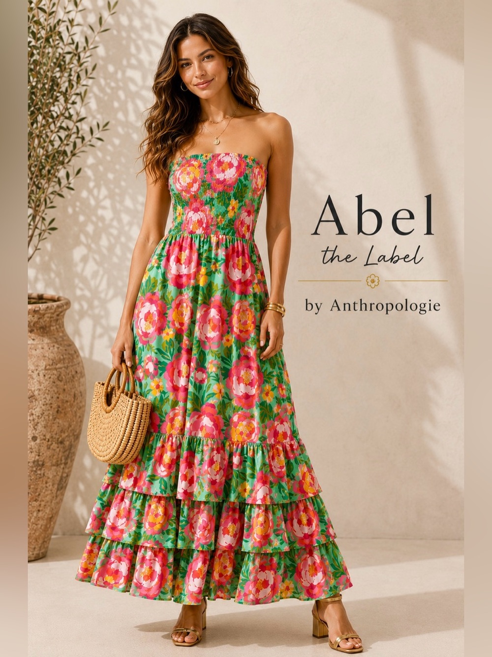 Abel the Label Anthropologie Mimosa Floral Tiered Tube Maxi Dress M